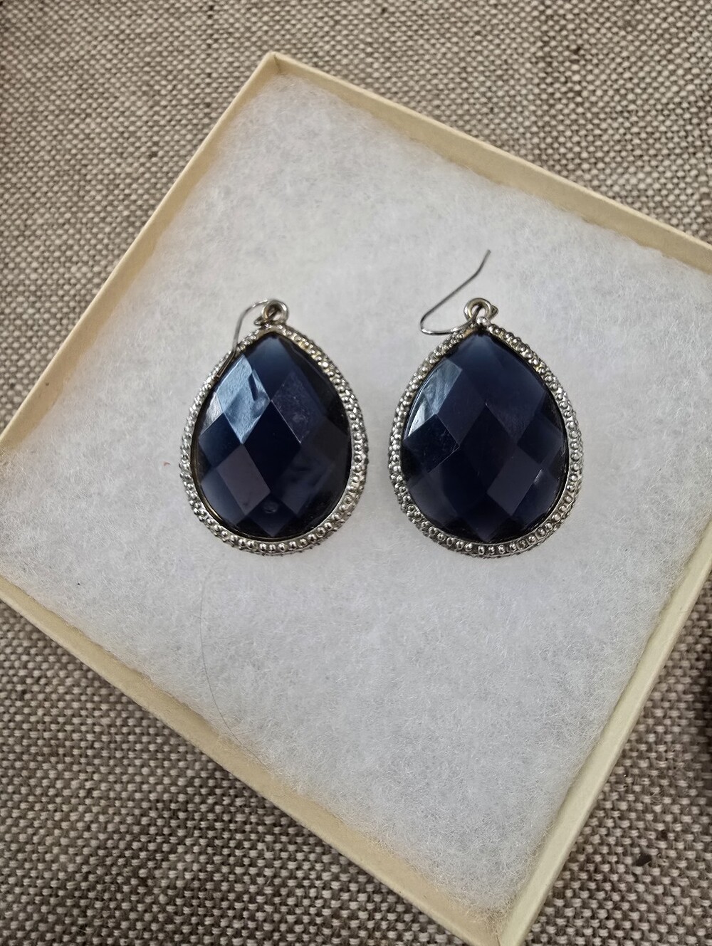 Vibtage Silver Faceted Teardrop Navy Blue Crystal Gemstone Drop Earrings